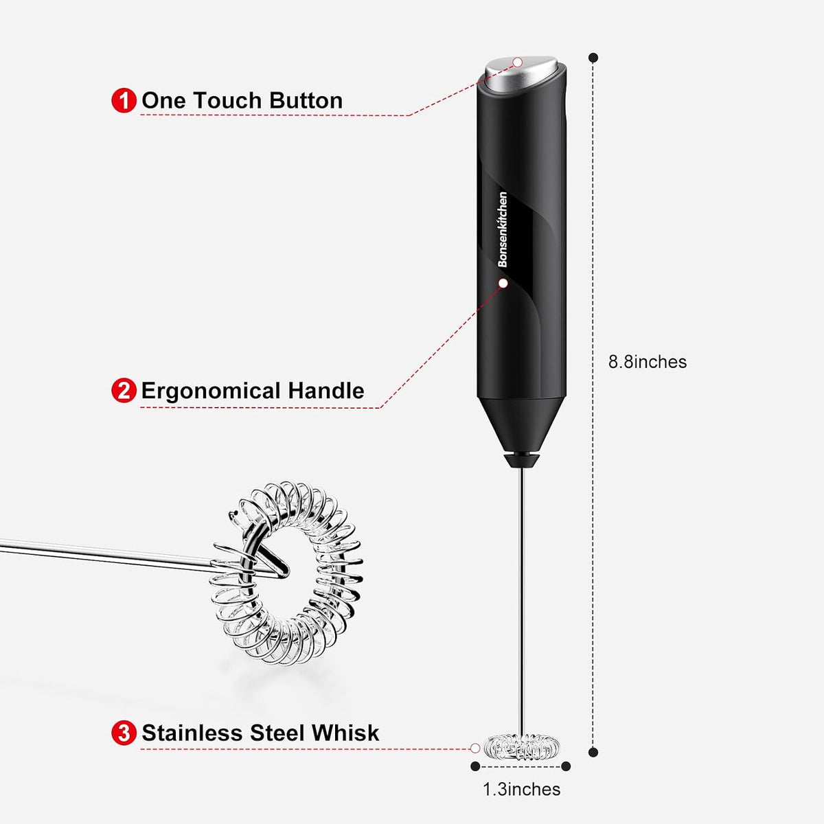 Bonsenkitchen Milk Frother for Coffee, Battery Operated, Black