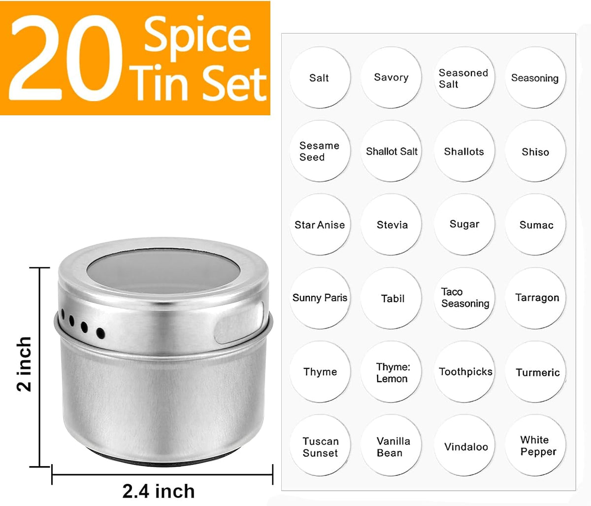 Bekith 20 Pack Magnetic Spice Jars, Magnetic Spice Containers for Refrigerator, Seasoning Tins with Clear Top Lid, 240 PVC Spice Label Set