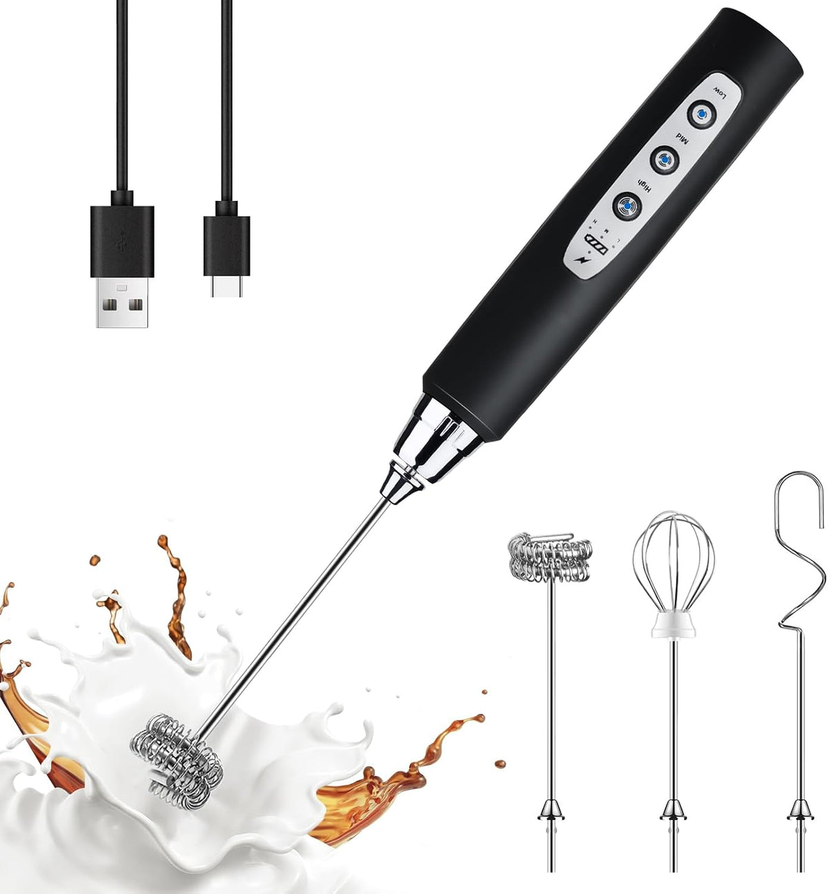YUSWKO Handheld Milk Frother Wand for Coffee, Rechargeable Electric Whisk