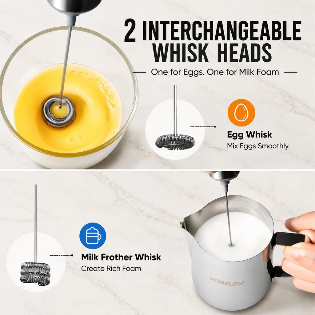 Milk Frother Handheld, Battery Operated Travel Coffee Frother Milk Foamer Drink Mixer with 2 Stainless Steel Whisks for Hot Chocolate, Batteries Included, Silver