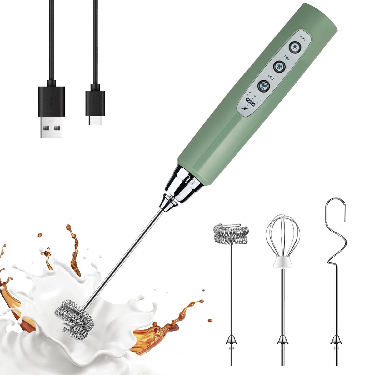YUSWKO Handheld Milk Frother Wand for Coffee, Rechargeable Electric Whisk