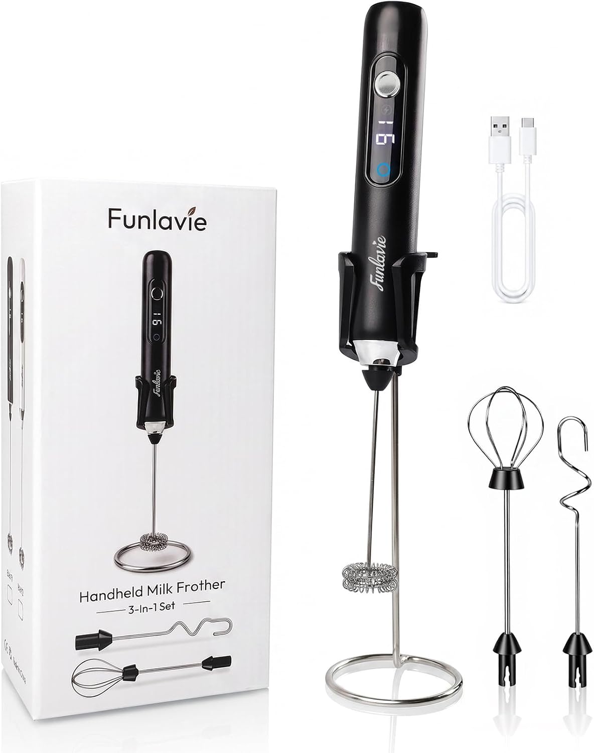 Rechargeable Handheld Milk Frother Wand with 3 Detachable Heads