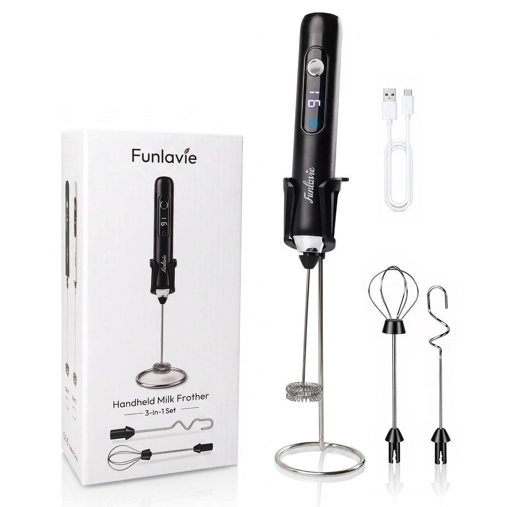 Rechargeable Handheld Milk Frother Wand with 3 Detachable Heads