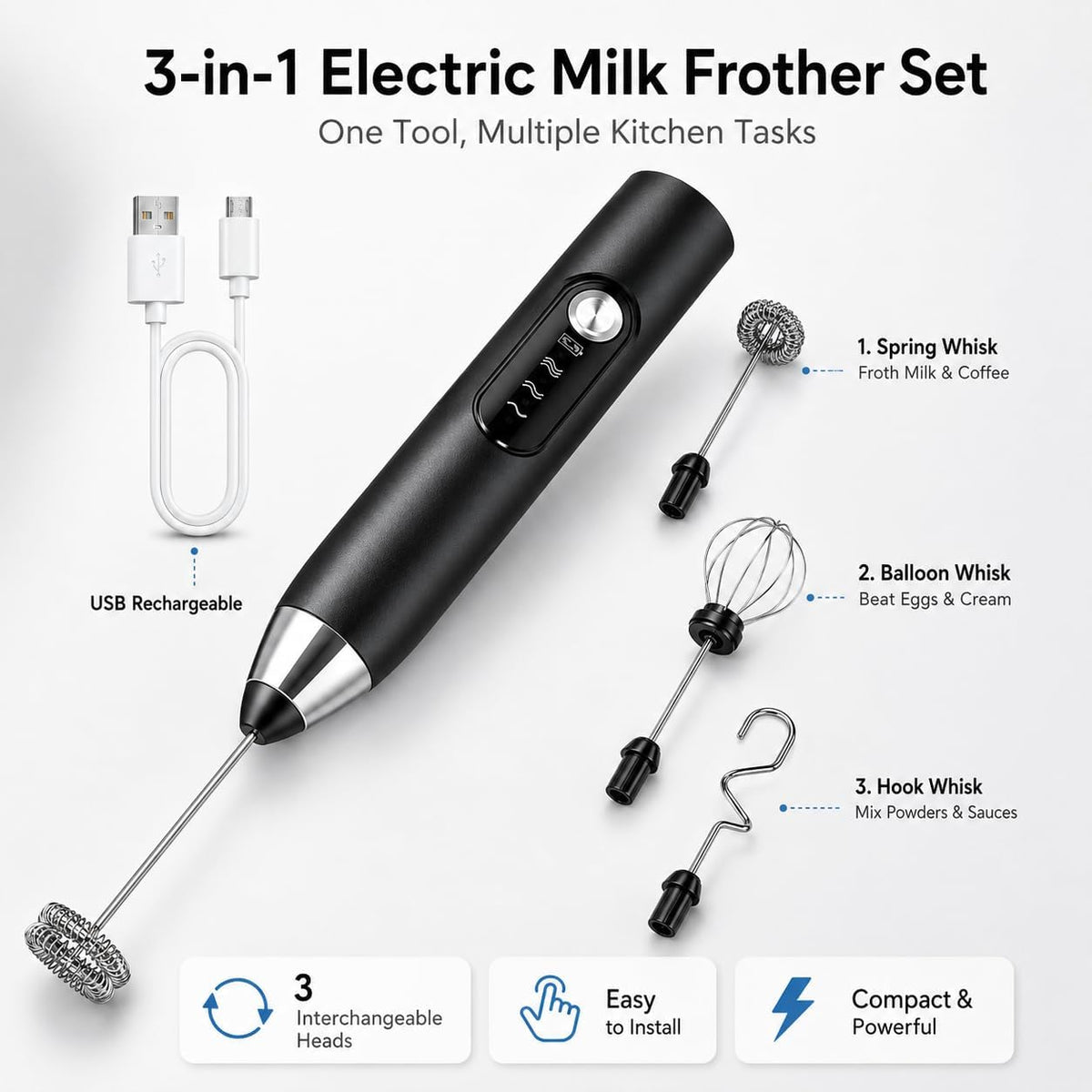 Handheld Milk Frother Wand for Coffee, Electric Whisk with 3 Heads