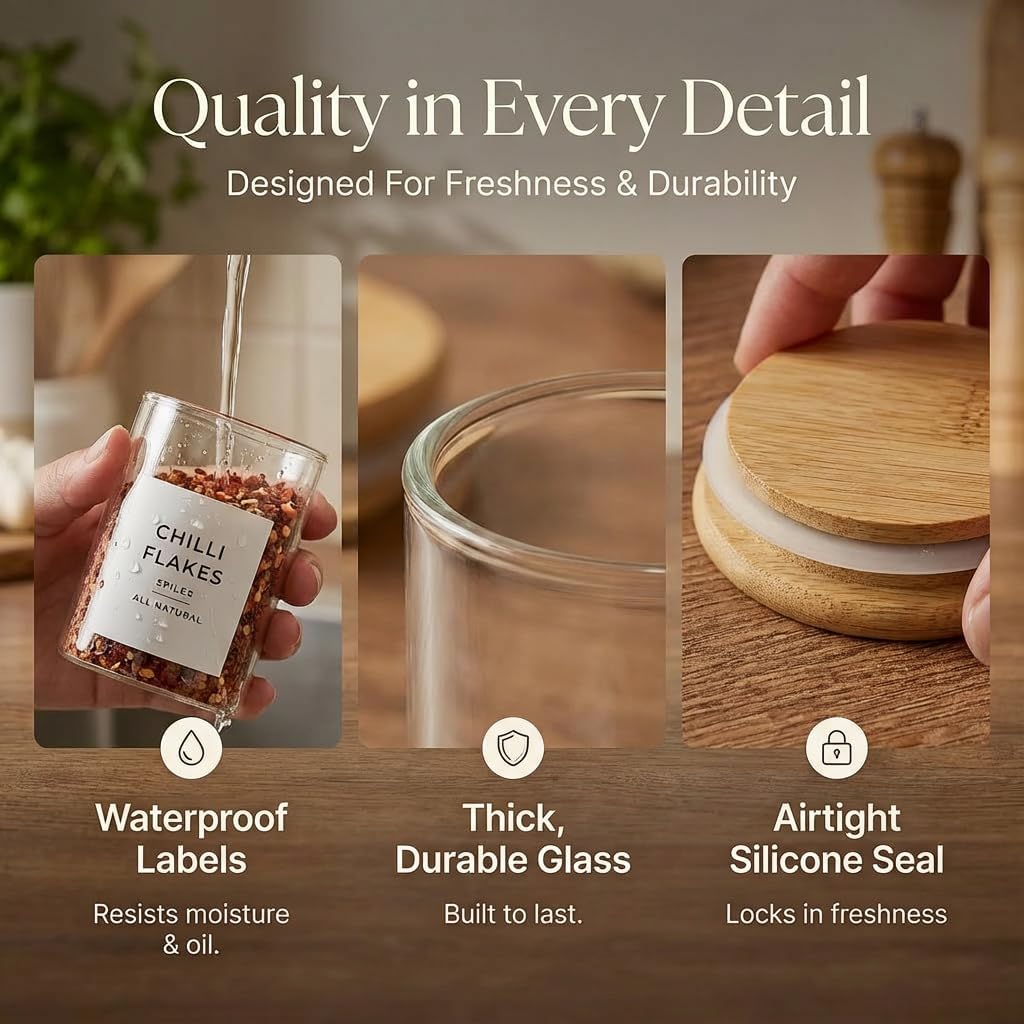 Glass Spice Jars with Labels-12 Pack- 6.8oz- 360 Labels- Spice Containers with Bamboo Lids -Spices Organization for Cabinet-Drawer-Rack-Seasoning containers-herbs- Organizer-Spices Bottles