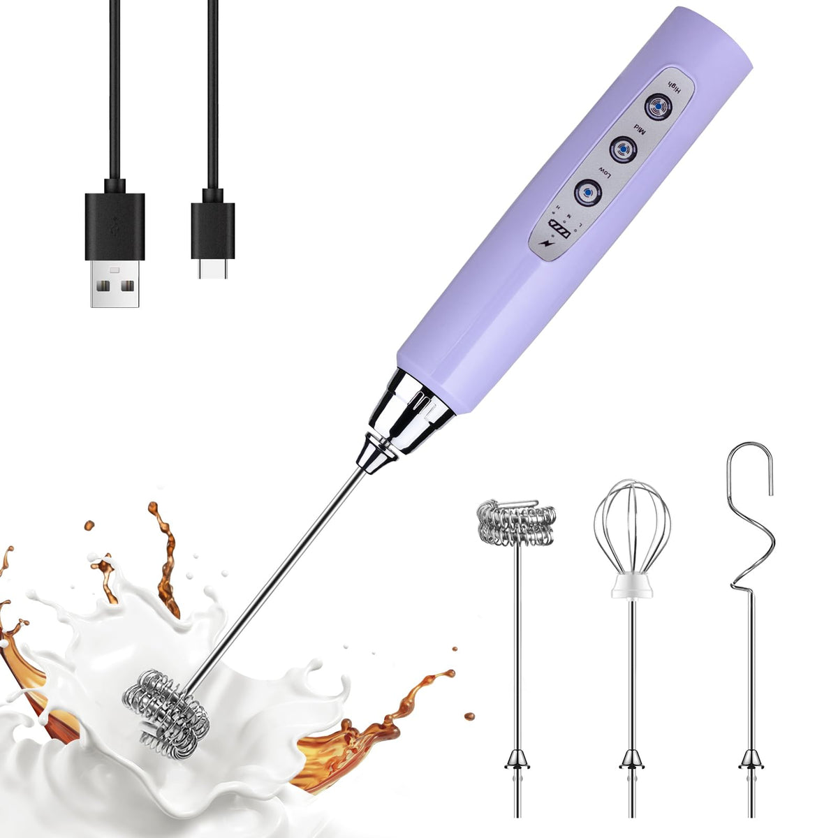 YUSWKO Handheld Milk Frother Wand for Coffee, Rechargeable Electric Whisk