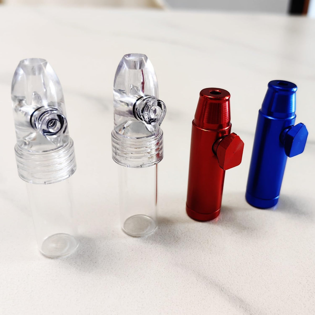 4 Pack Mini Pepper Shaker Premium Metal Spice Dispenser and Sweetener Portable Travel Storage (Anodized Aluminum) (Glass)