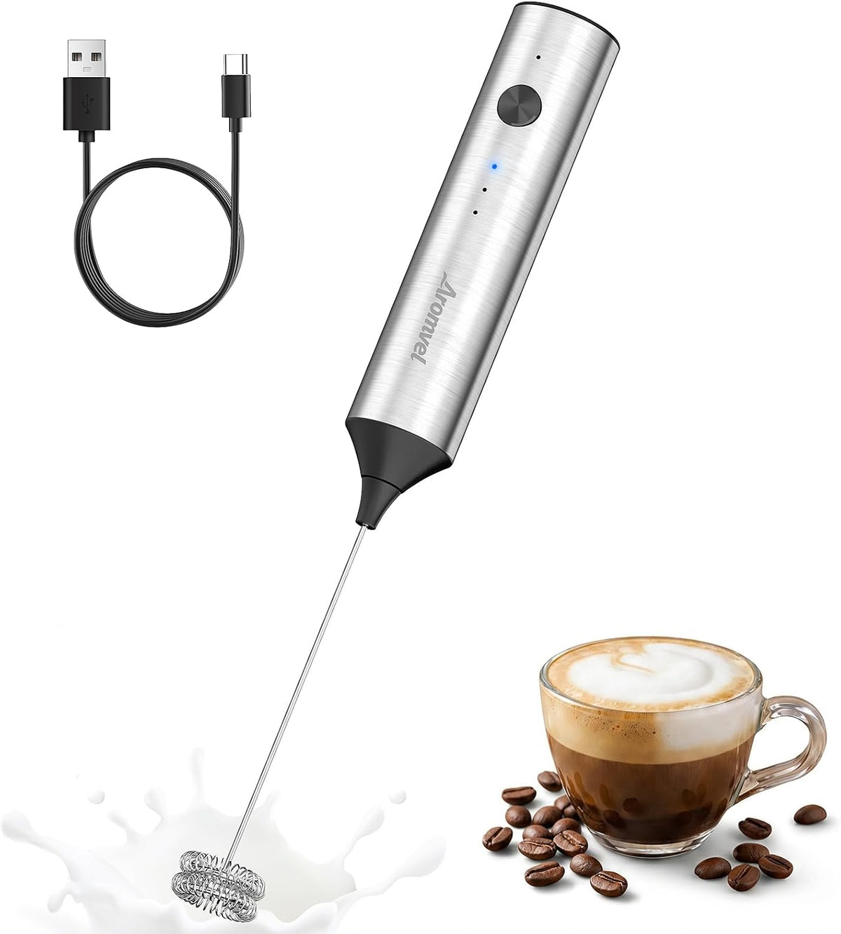 Rechargeable Milk Frother Handheld, 3 Speeds for Coffee, Latte
