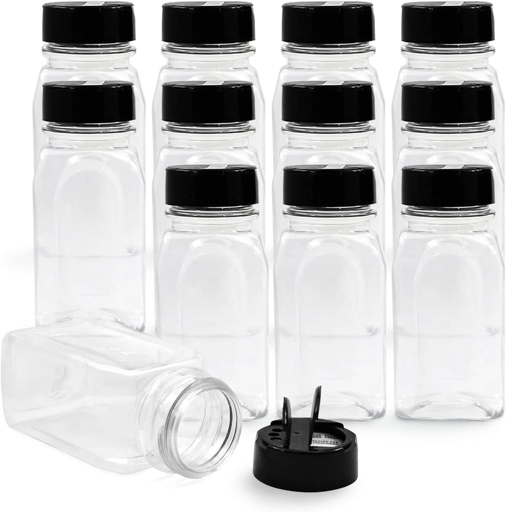 Plastic Spice Jars Bottle Containers with Black Cap, 9.5 Oz, 12 Pack