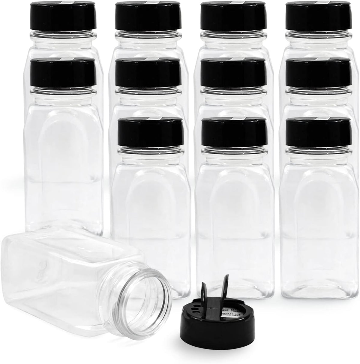 Plastic Spice Jars Bottle Containers with Black Cap, 9.5 Oz, 12 Pack