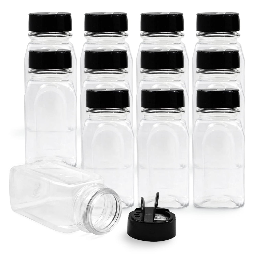 Plastic Spice Jars Bottle Containers with Black Cap, 9.5 Oz, 12 Pack