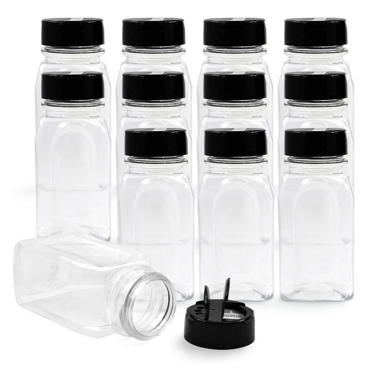 Plastic Spice Jars Bottle Containers with Black Cap, 9.5 Oz, 12 Pack