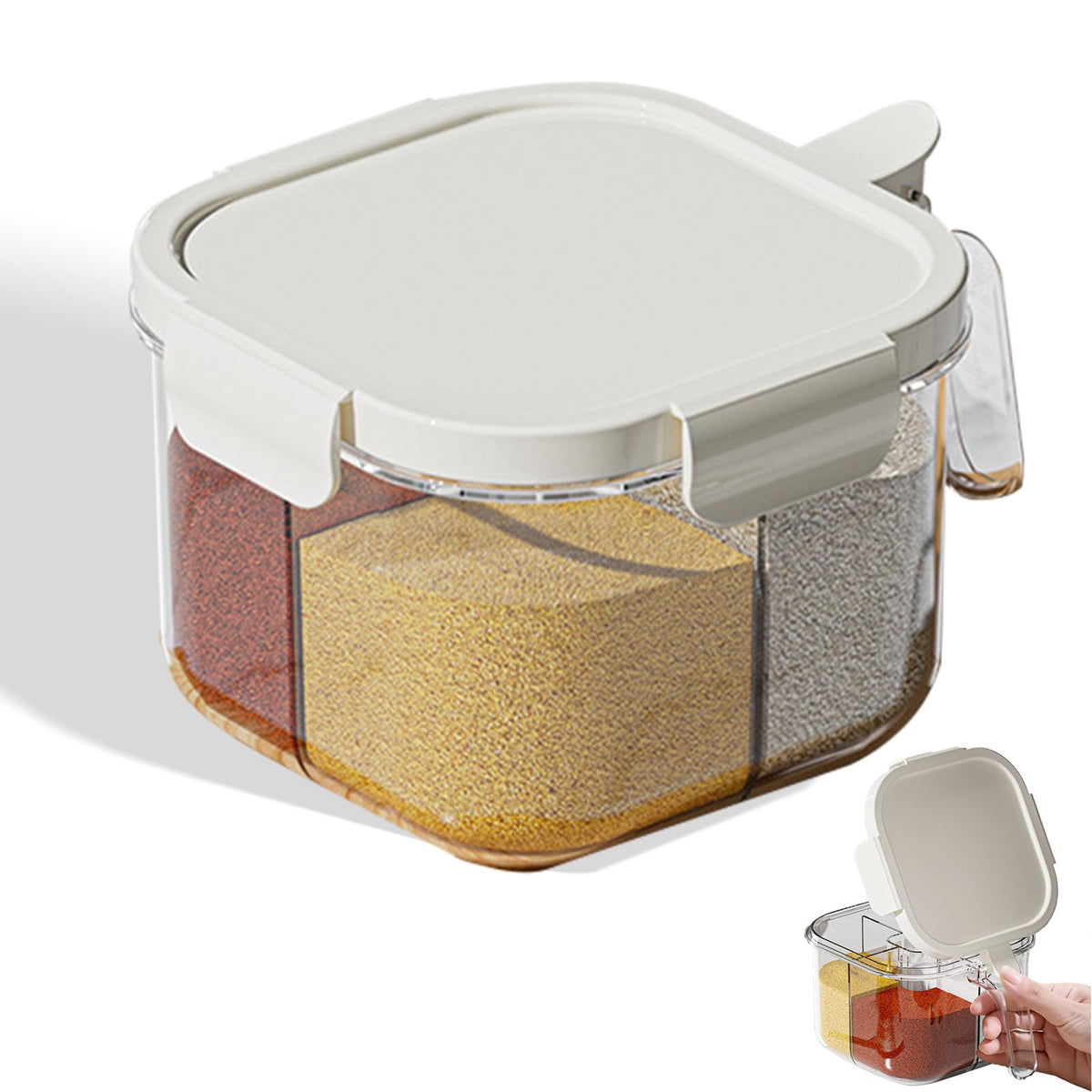 4-Compartment Clear Seasoning Box with Lids and Spoons, Airtight Condiment Organizer, Kitchen Spice Container Set for Salt, Sugar, Pepper (Transparent)