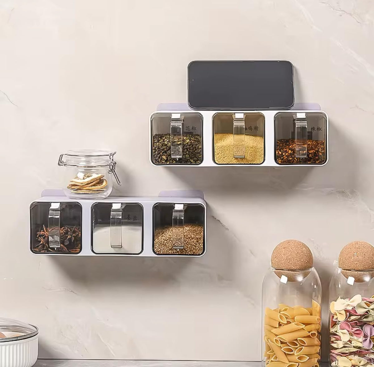 Modern Wall-Mounted Spice Storage Container, White 3-Compartment Kitchen Organizer Box, 26 x 8 x 8 cm Seasoning Dispenser