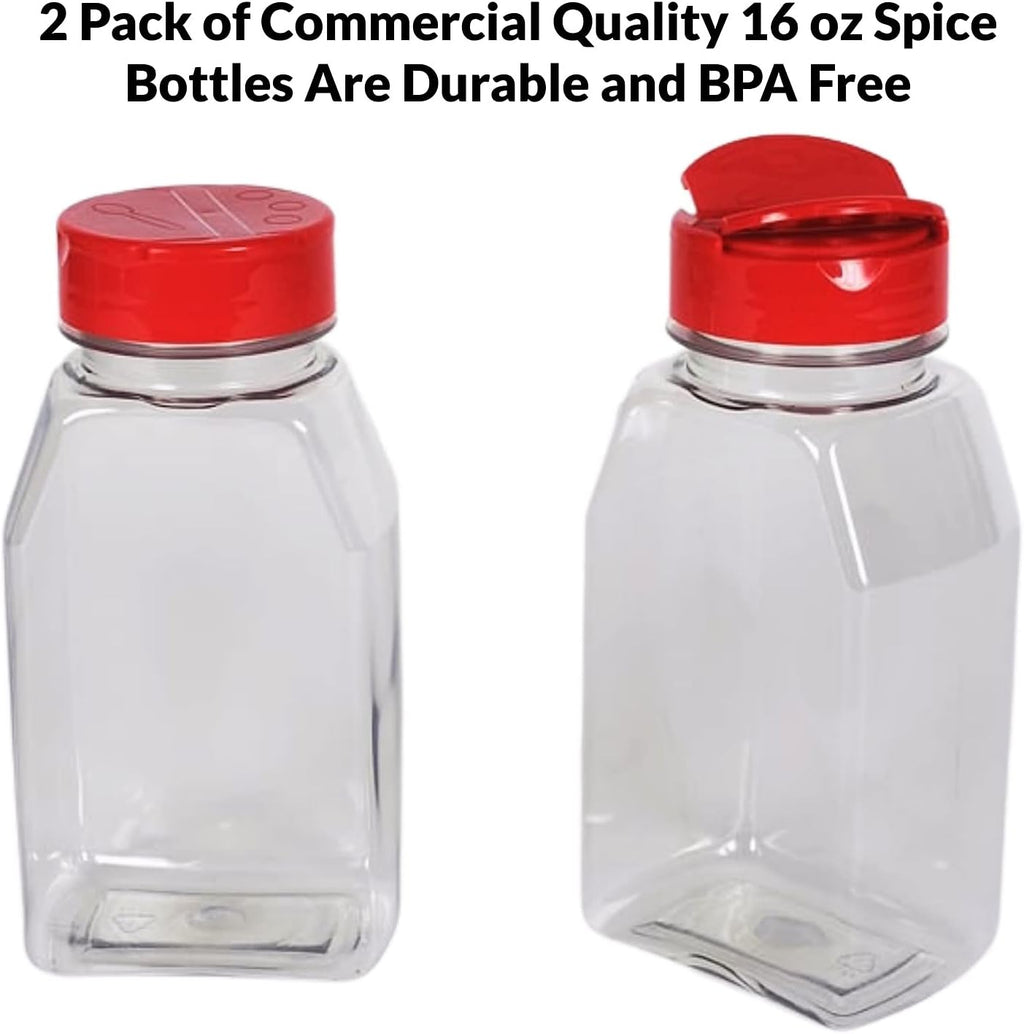 Skyway Supreme Large 16 OZ Plastic Spice Bottles Seasoning Containers Jars - Flap Cap Pour and Sifter Spice Shaker - Refillable Perfect For Storing Dispensing Herbs BBQ Rub - BPA Free - Set of 2