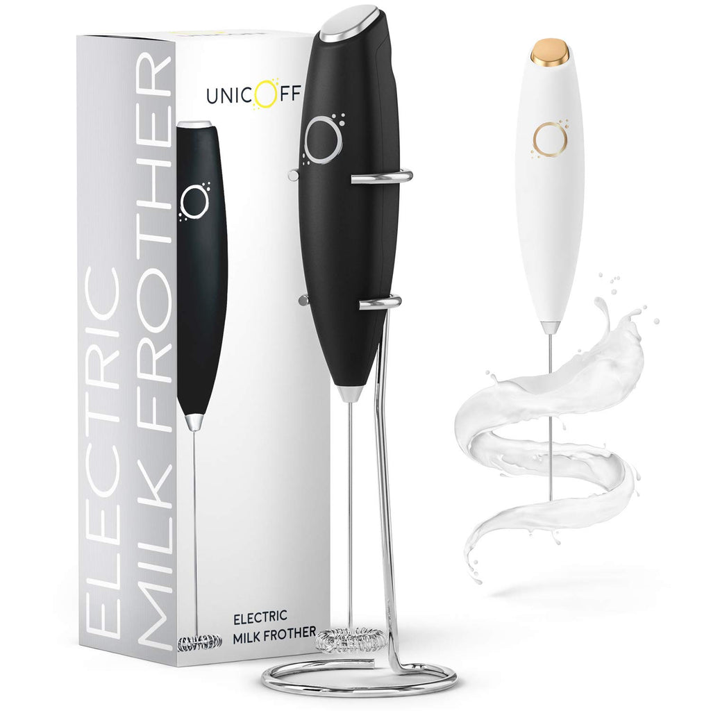 Milk Frother White - Coffee Frother Handheld with Electric Whisk - 19000 rpm - Book Recipes and Stainless Steel Stand Included - Hand Mixer Electric (White and Gold)