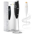 Milk Frother White - Coffee Frother Handheld with Electric Whisk - 19000 rpm - Book Recipes and Stainless Steel Stand Included - Hand Mixer Electric (White and Gold)