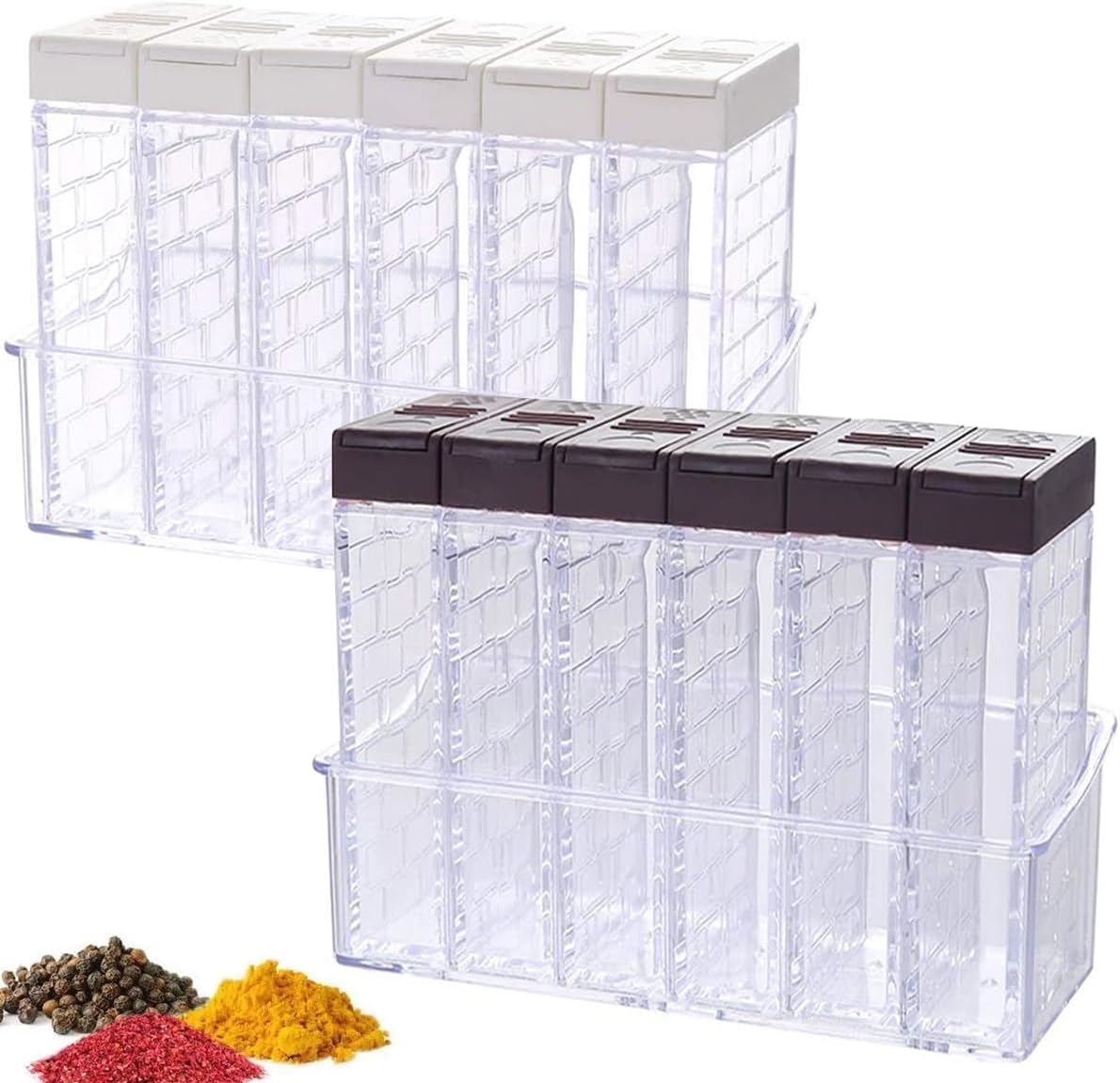 12 PCS Spice Shaker Jars, Salt and Pepper Shakers Set, Seasoning Shaker Boxes Condiment Set, Plastic Spice Dispenser Cases Clear Seasoning Storage Container Bottles with Lid & Tray (#A)