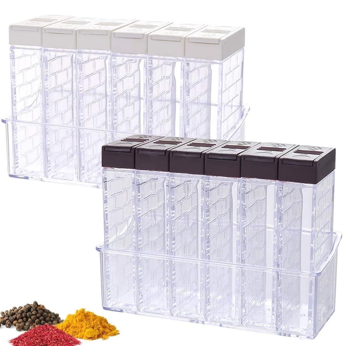 12 PCS Spice Shaker Jars, Salt and Pepper Shakers Set, Seasoning Shaker Boxes Condiment Set, Plastic Spice Dispenser Cases Clear Seasoning Storage Container Bottles with Lid & Tray (#A)