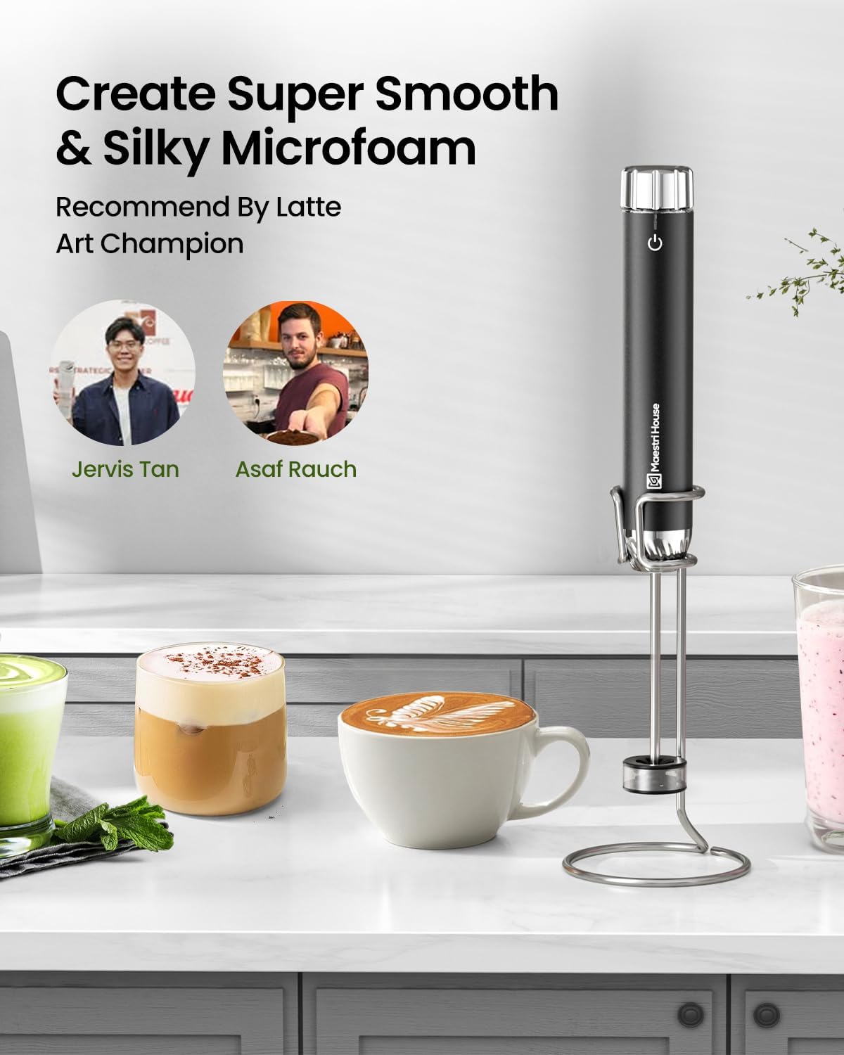 Maestri House Barista-Grade Milk Frother, LunaFro Art Rechargeable Handheld Frother with Stepless Speed Control, Silicone Dot-Pad with IPX6 Waterproof, Latte Art-Level Microfoam for Latte & Flat White