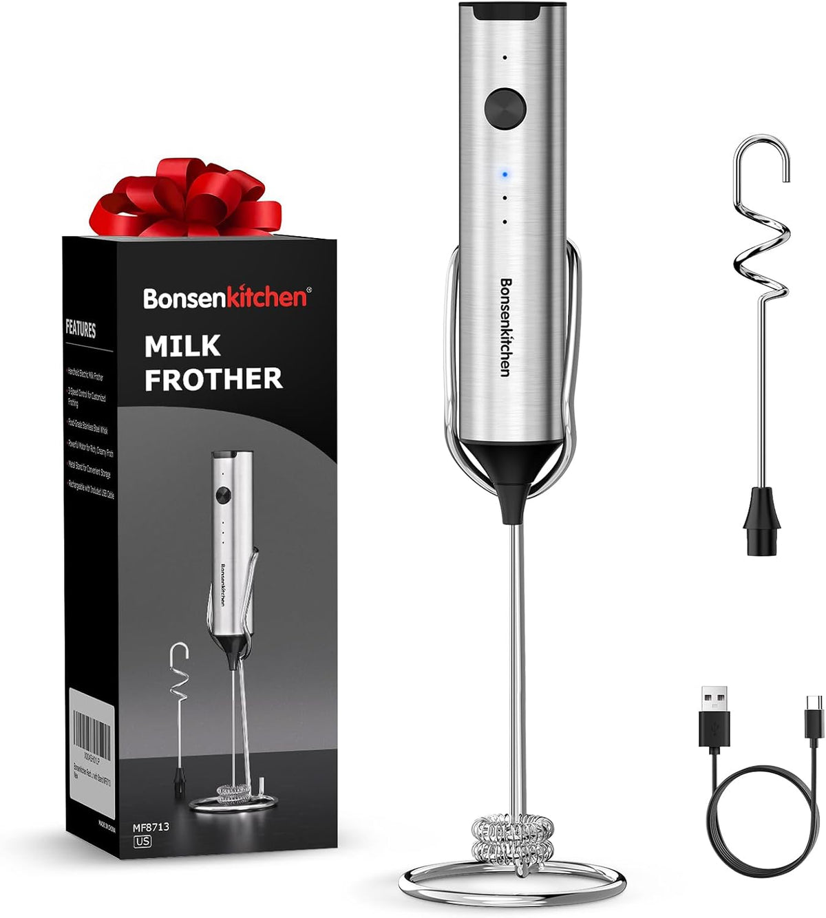 Bonsenkitchen Rechargeable Milk Frother with Stand, 3-Speed Handheld Coffee
