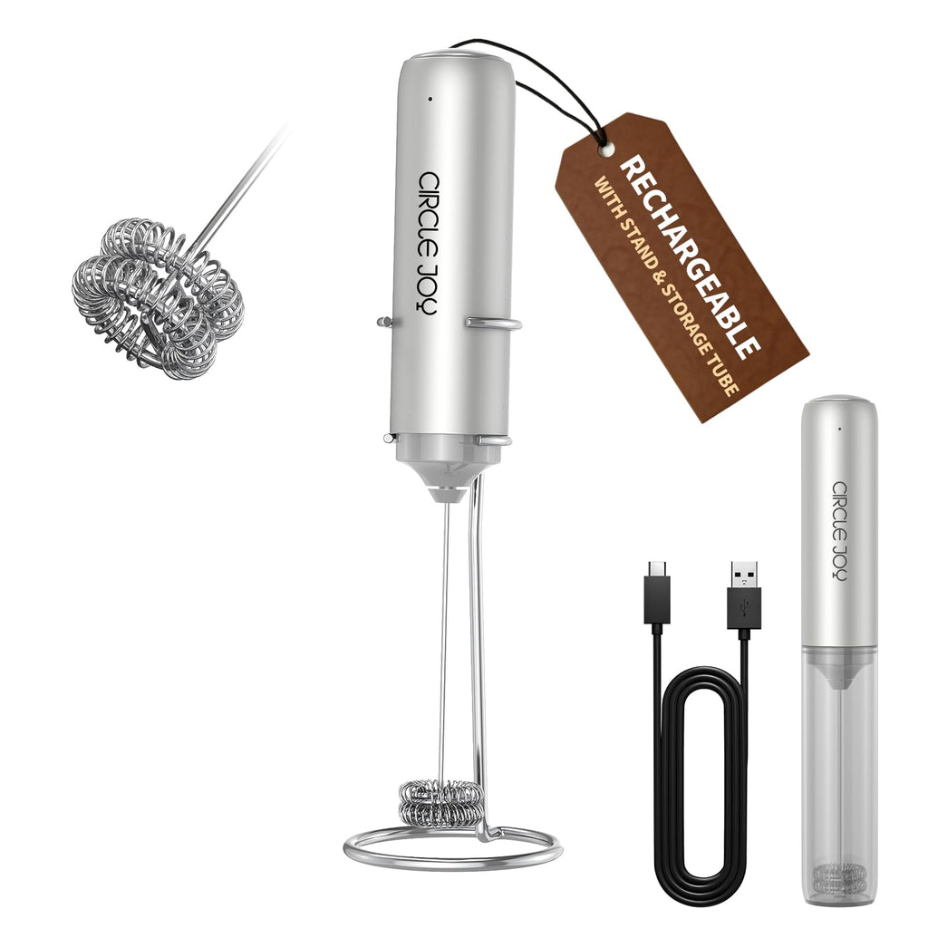 CIRCLE JOY Rechargeable Milk Frother Handheld, Dual Coil Whisk Head Electric Coffee Frother, Portable Hand Frother Wand Drink Mixer for Matcha Lattes Cappuccino, Kitchen Gifts, Black