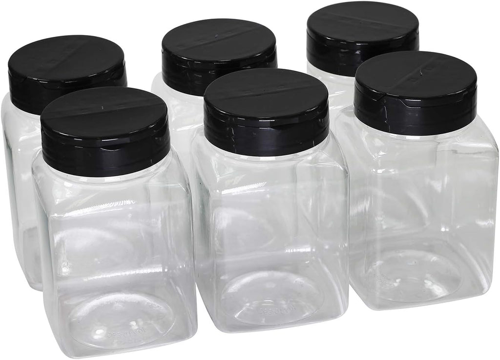 Pinnacle Mercantile Plastic Spice Jars 6-Pack Square Large 17 oz.Clear Containers Sifter Shaker Spoon Lid Refillable for Seasonings, Herbs, BBQ, Spices