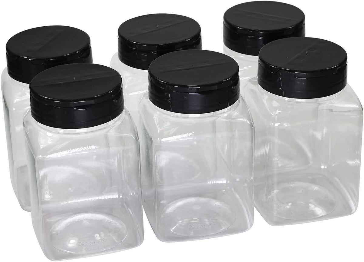 Pinnacle Mercantile Plastic Spice Jars 6-Pack Square Large 17 oz.Clear Containers Sifter Shaker Spoon Lid Refillable for Seasonings, Herbs, BBQ, Spices