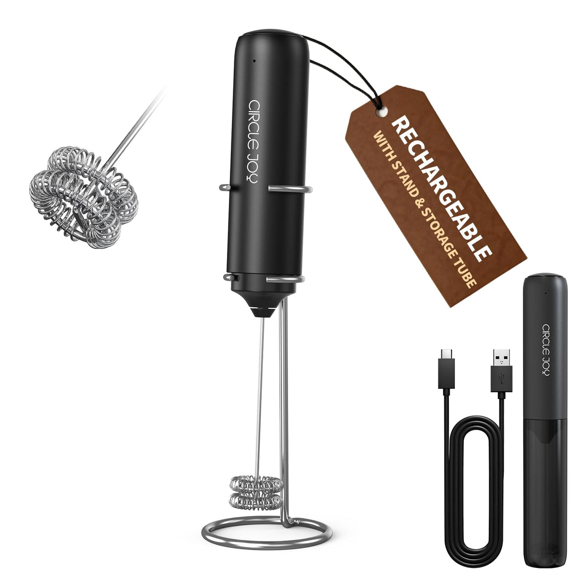 CIRCLE JOY Rechargeable Milk Frother Handheld, Dual Coil Whisk Head Electric Coffee Frother, Portable Hand Frother Wand Drink Mixer for Matcha Lattes Cappuccino, Kitchen Gifts, Black