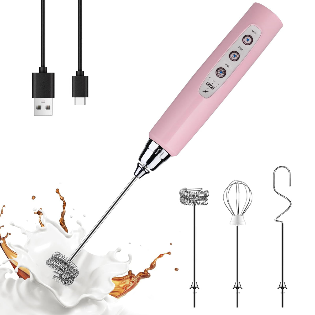 YUSWKO Handheld Milk Frother Wand for Coffee, Rechargeable Electric Whisk