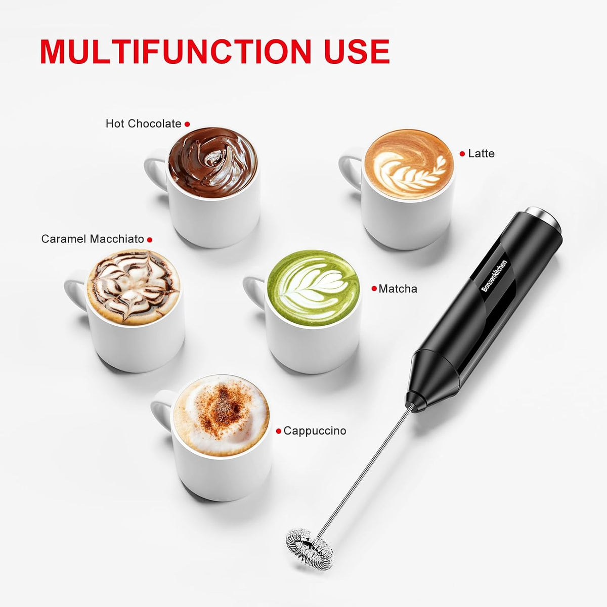 Bonsenkitchen Milk Frother for Coffee, Battery Operated, Black