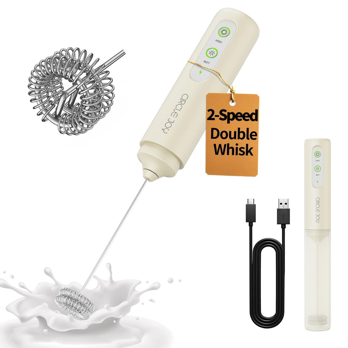 CIRCLE JOY Rechargeable 2-Speed Handheld Milk Frother with Stand, Dual Spring Whisk Electric Foamer, Portable & Detachable Coffee Frother Wand, Drink Mixer for Lattes, Macchiato, Hot Chocolate, Silver
