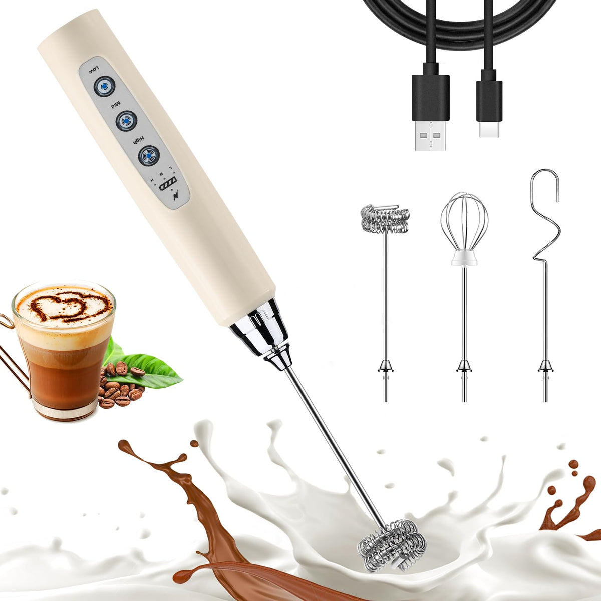 Nahida Black Milk Frother Wand for Coffee, Frother Handheld Rechargeable Electric Whisk Drink Mixer with 3 Heads 3 Speeds Coffee Frother Electric Stirrer For Latte, Cappuccino, Hot Chocolate