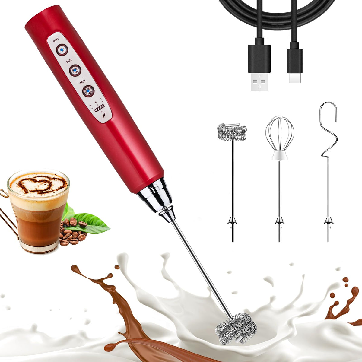 Nahida Black Milk Frother Wand for Coffee, Frother Handheld Rechargeable Electric Whisk Drink Mixer with 3 Heads 3 Speeds Coffee Frother Electric Stirrer For Latte, Cappuccino, Hot Chocolate