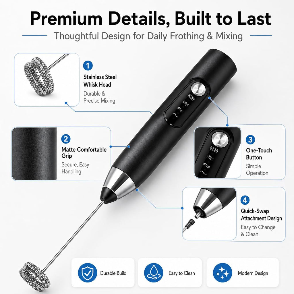 Handheld Milk Frother Wand for Coffee, Electric Whisk with 3 Heads