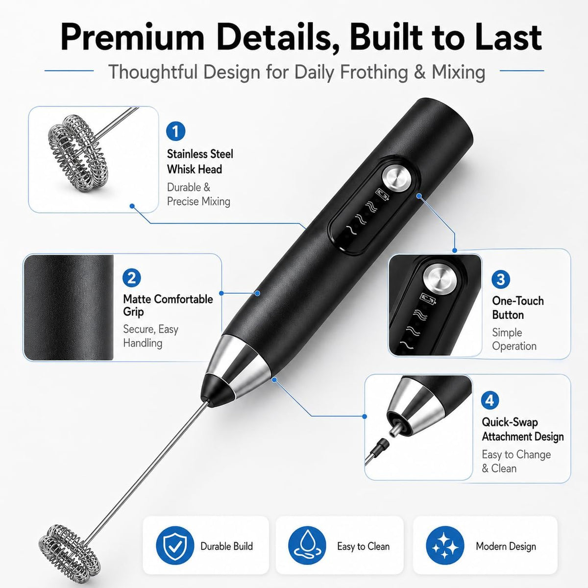 Handheld Milk Frother Wand for Coffee, Electric Whisk with 3 Heads