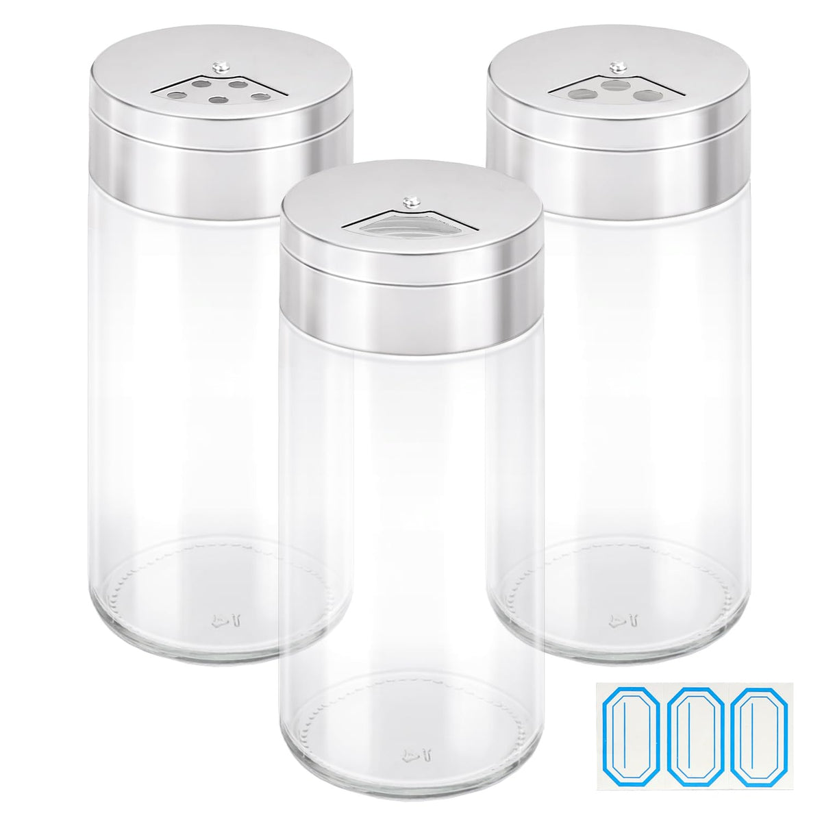 Segarty Spice Jars, 3 Pack 3 oz Spice Bottles with Shaker Lids, Glass Empty Seasoning Containers with Adjustable Pour Holes for Kitchen Spice Storage Stainless Steel Flow Top Salt and Pepper Shakers