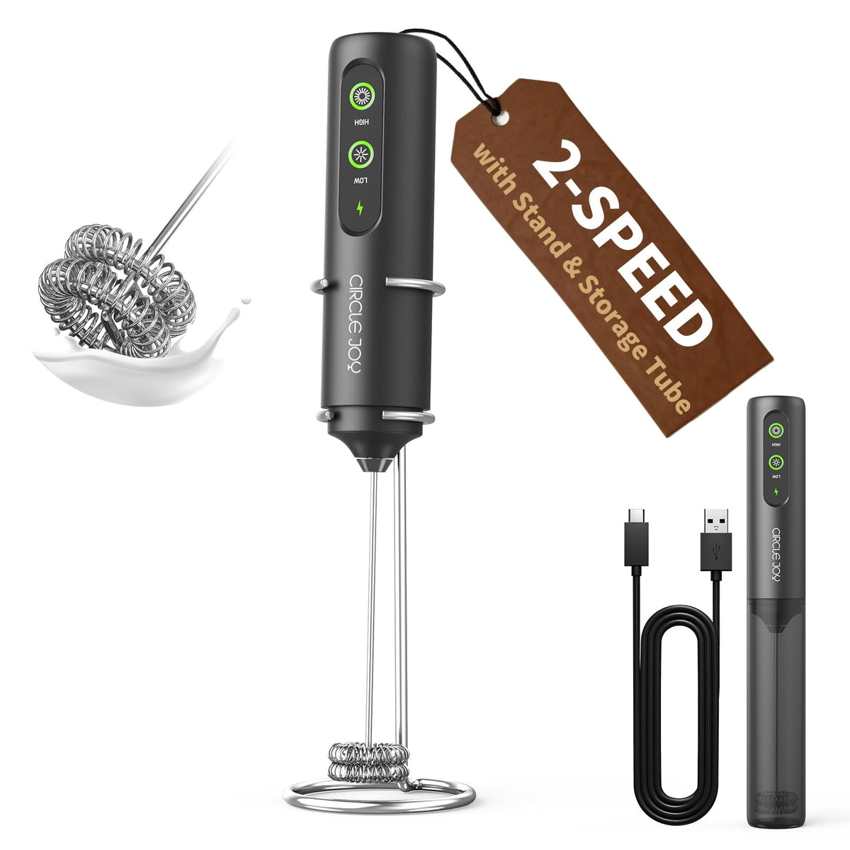 CIRCLE JOY Rechargeable 2-Speed Handheld Milk Frother with Stand, Dual Spring Whisk Electric Foamer, Portable & Detachable Coffee Frother Wand, Drink Mixer for Lattes, Macchiato, Hot Chocolate, Silver