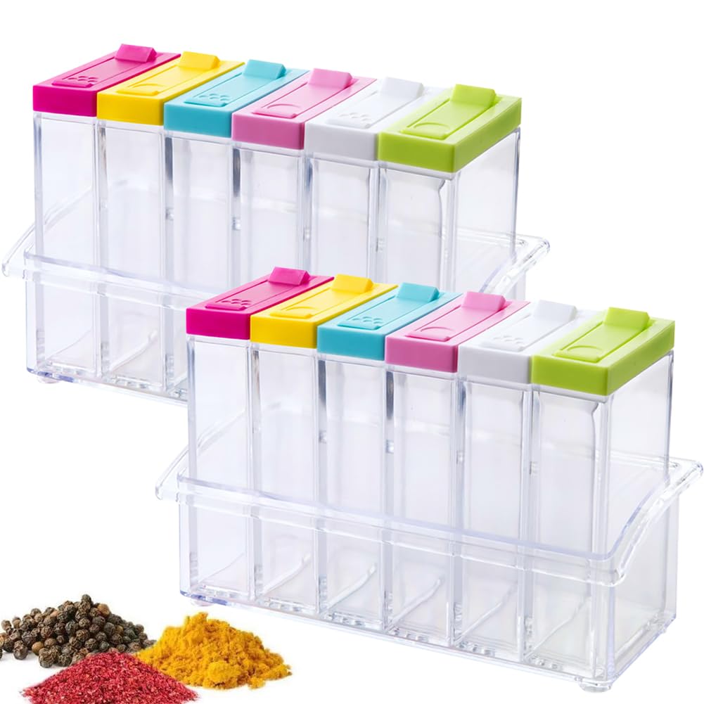 12 PCS Spice Shaker Jars, Salt and Pepper Shakers Set, Seasoning Shaker Boxes Condiment Set, Plastic Spice Dispenser Cases Clear Seasoning Storage Container Bottles with Lid & Tray (#A)