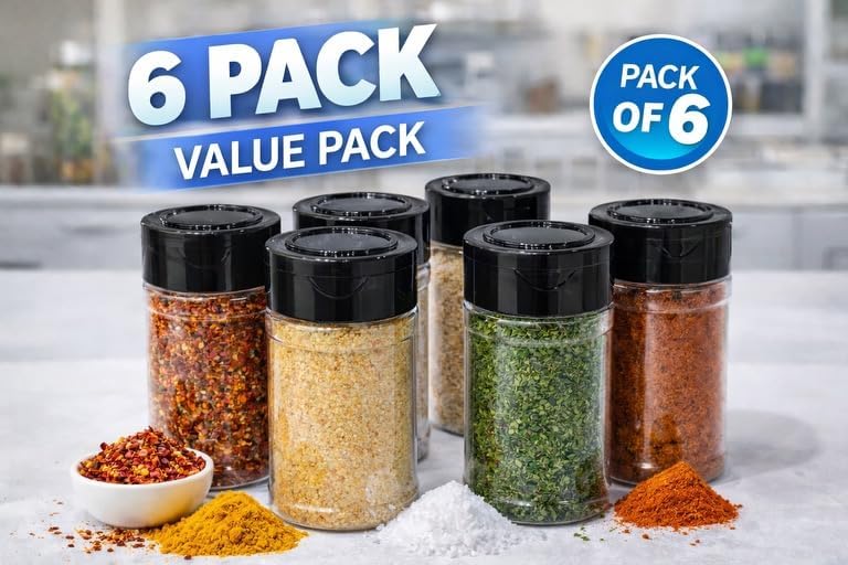 Clear Plastic Spice Shaker Bottle 100ml (6 Pack) – Empty Seasoning Container with Dual Flip Lid, BPA-Free Refillable Spice Jar for Salt, Pepper, Herbs & BBQ Rubs