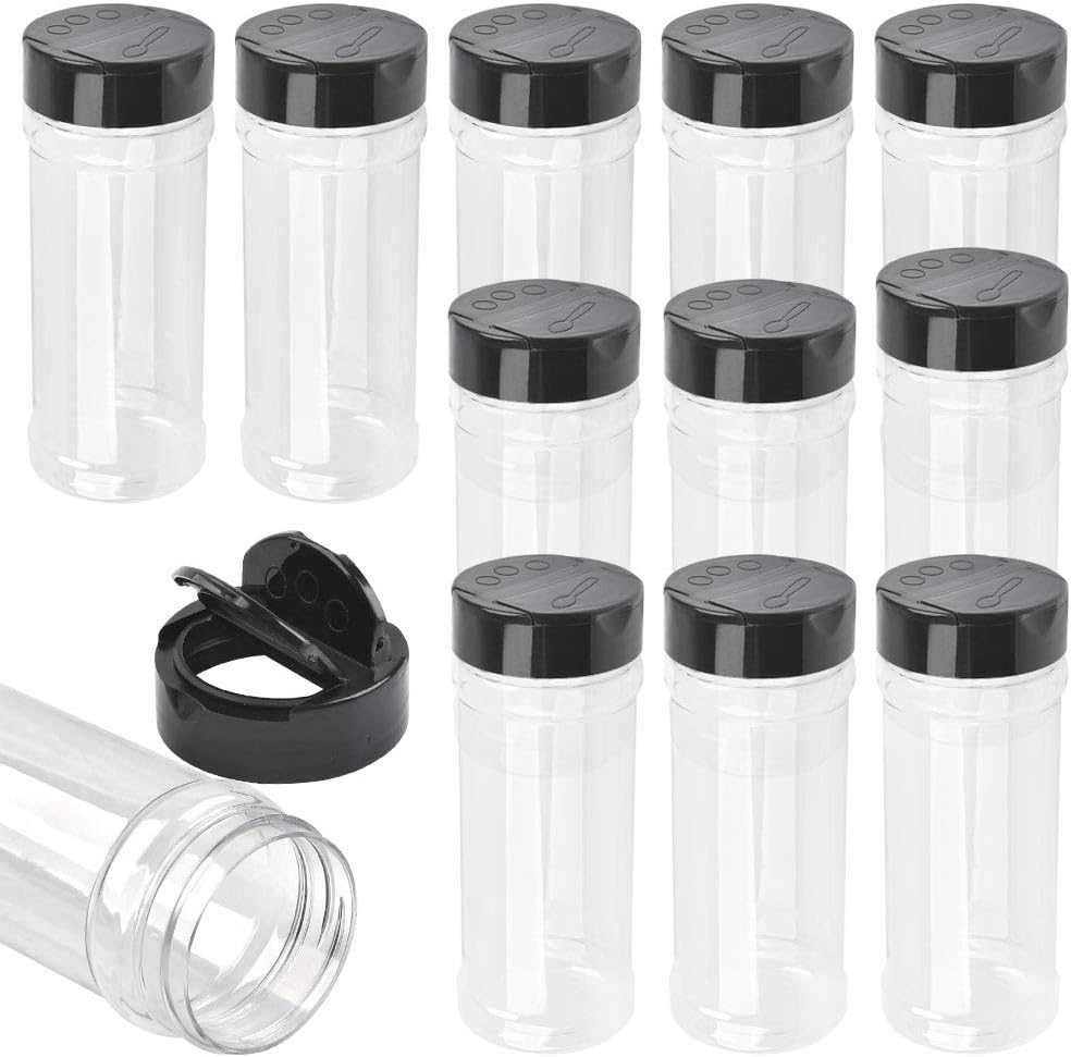12 Pack Plastic Spice Containers, 8oz Plastic Spice Jars with Black Cap, Plastic Spice Bottles With Shaker Lids, Empty Seasoning Bottles Plastic Seasoning Containers for Spice, Herbs and Powders