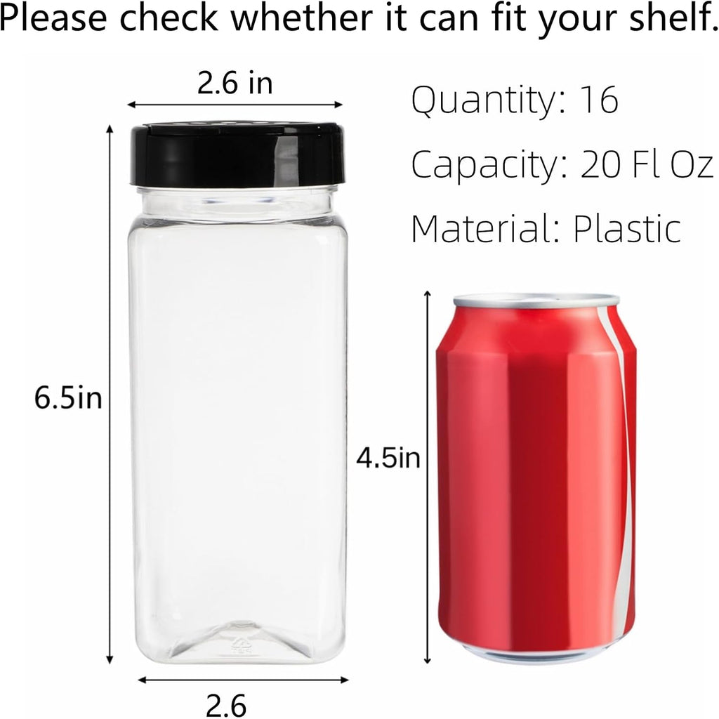 Hacaroa 16 Pack 20 Oz Plastic Spice Jars with Shaker/Pourer Lids, Square Large Empty Seasoning Containers Clear Spice Bottles for Dry Food, Condiments, Herbs, Powders