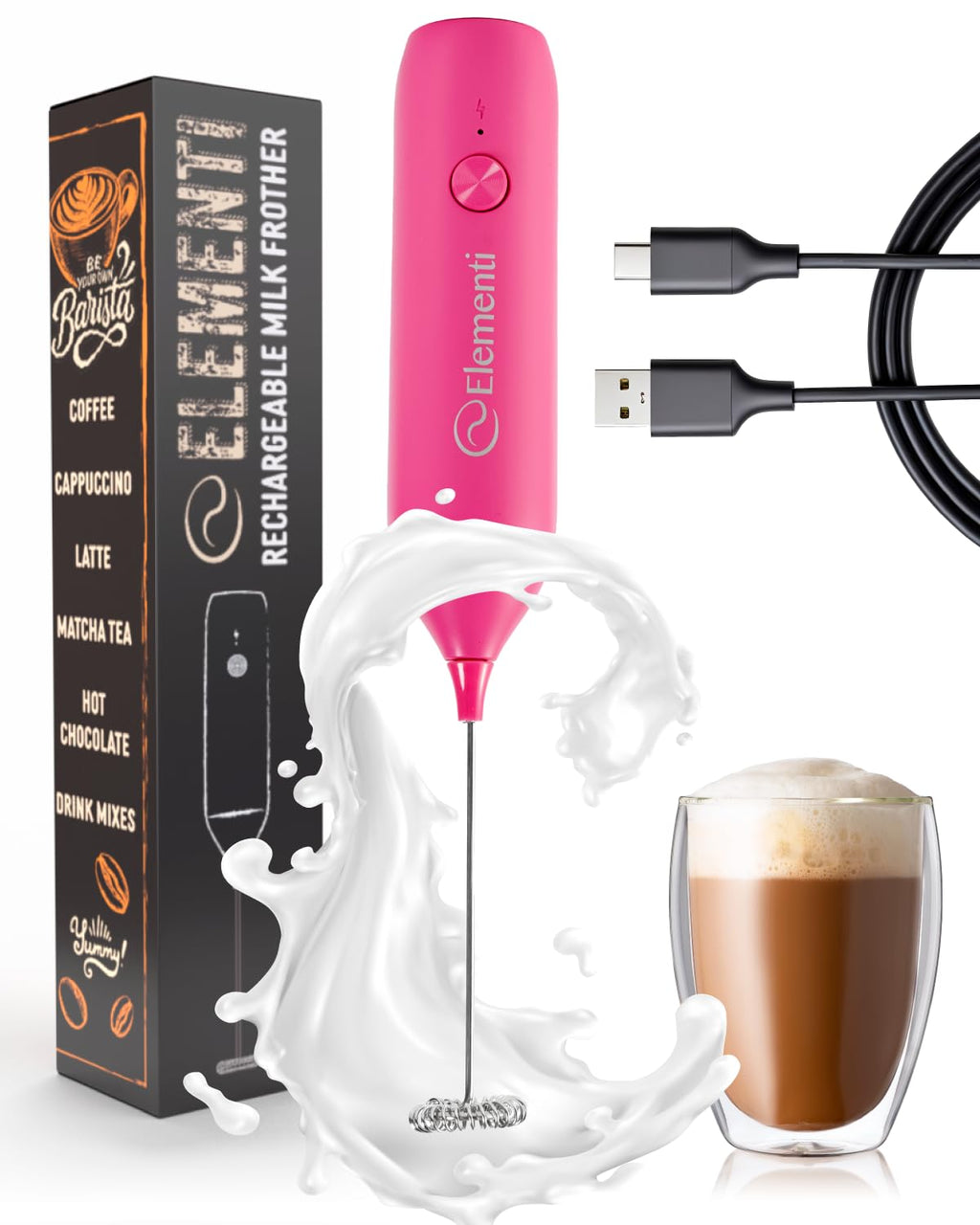 Elementi Rechargeable Milk Frother Wand & Drink Mixer Handheld - Powerful USB-C Rechargeable Frother - Hand Held Milk Foamer Whisk to Make Perfect Cappuccinos, Lattes & Drink Mixes (Mint Green)