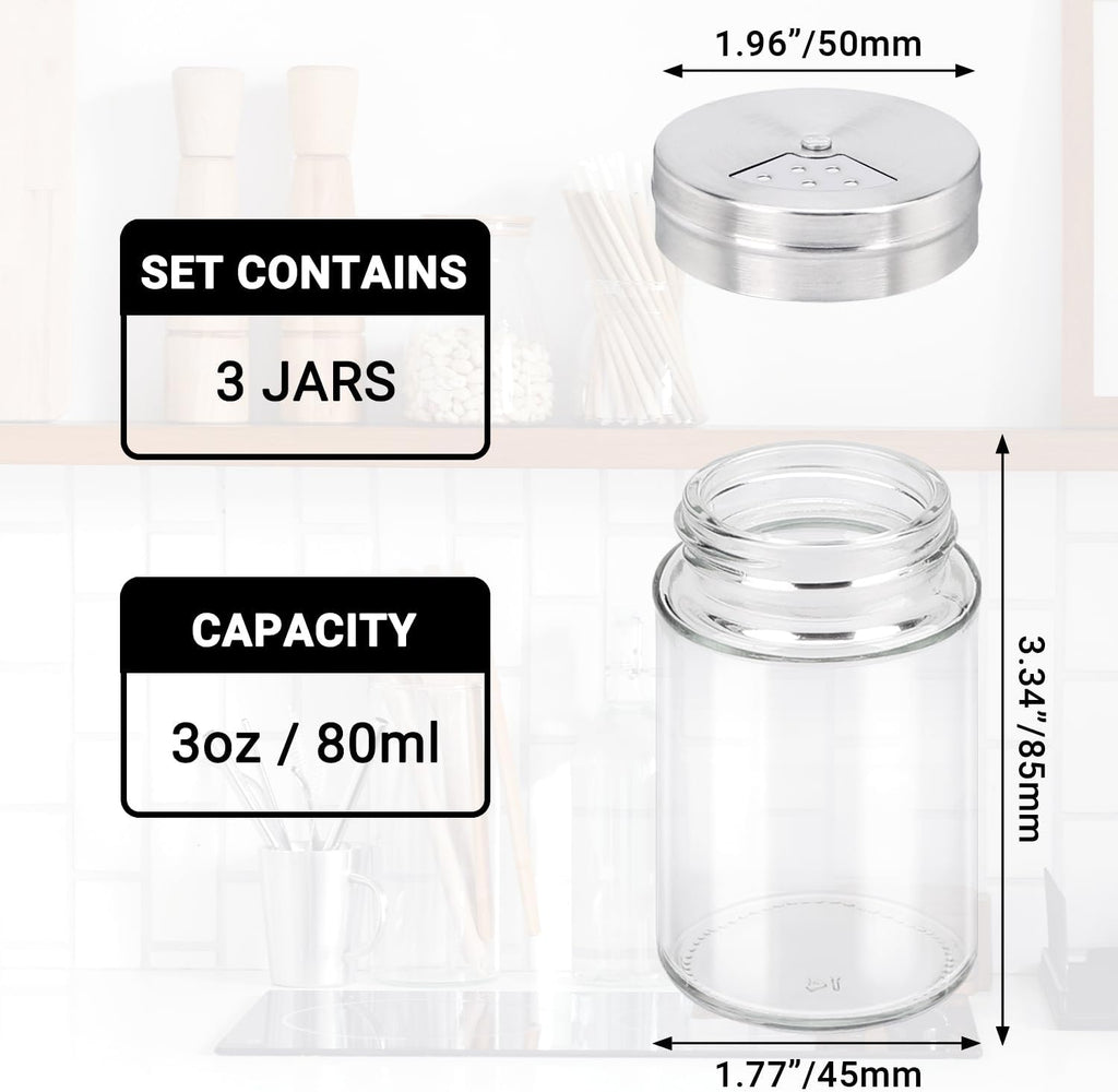 Segarty Spice Jars, 3 Pack 3 oz Spice Bottles with Shaker Lids, Glass Empty Seasoning Containers with Adjustable Pour Holes for Kitchen Spice Storage Stainless Steel Flow Top Salt and Pepper Shakers