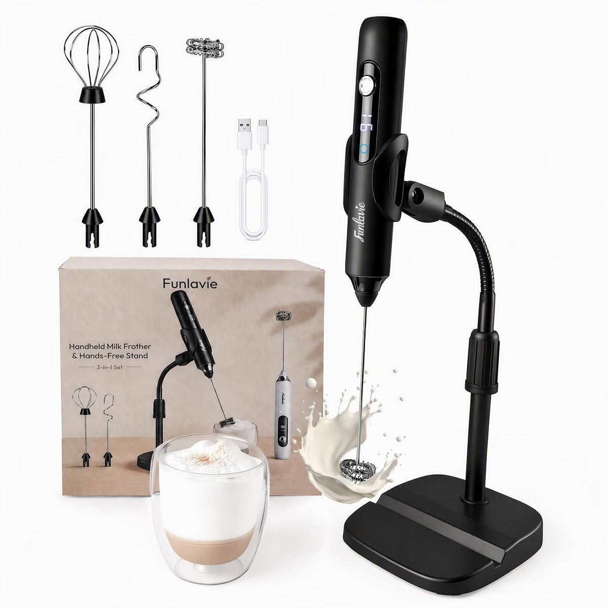 Rechargeable Handheld Milk Frother Wand with 3 Detachable Heads