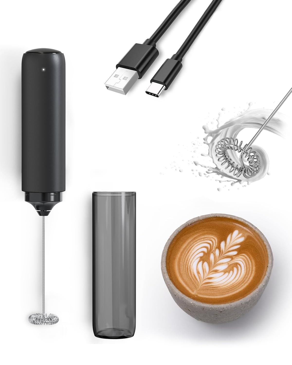 Milk Frother Handheld Battery, Electric Foam Maker Frother Wand, Drink Mixer with Stainless Steel Whisk for Coffee, Matcha, Lattes, Cappuccino Black