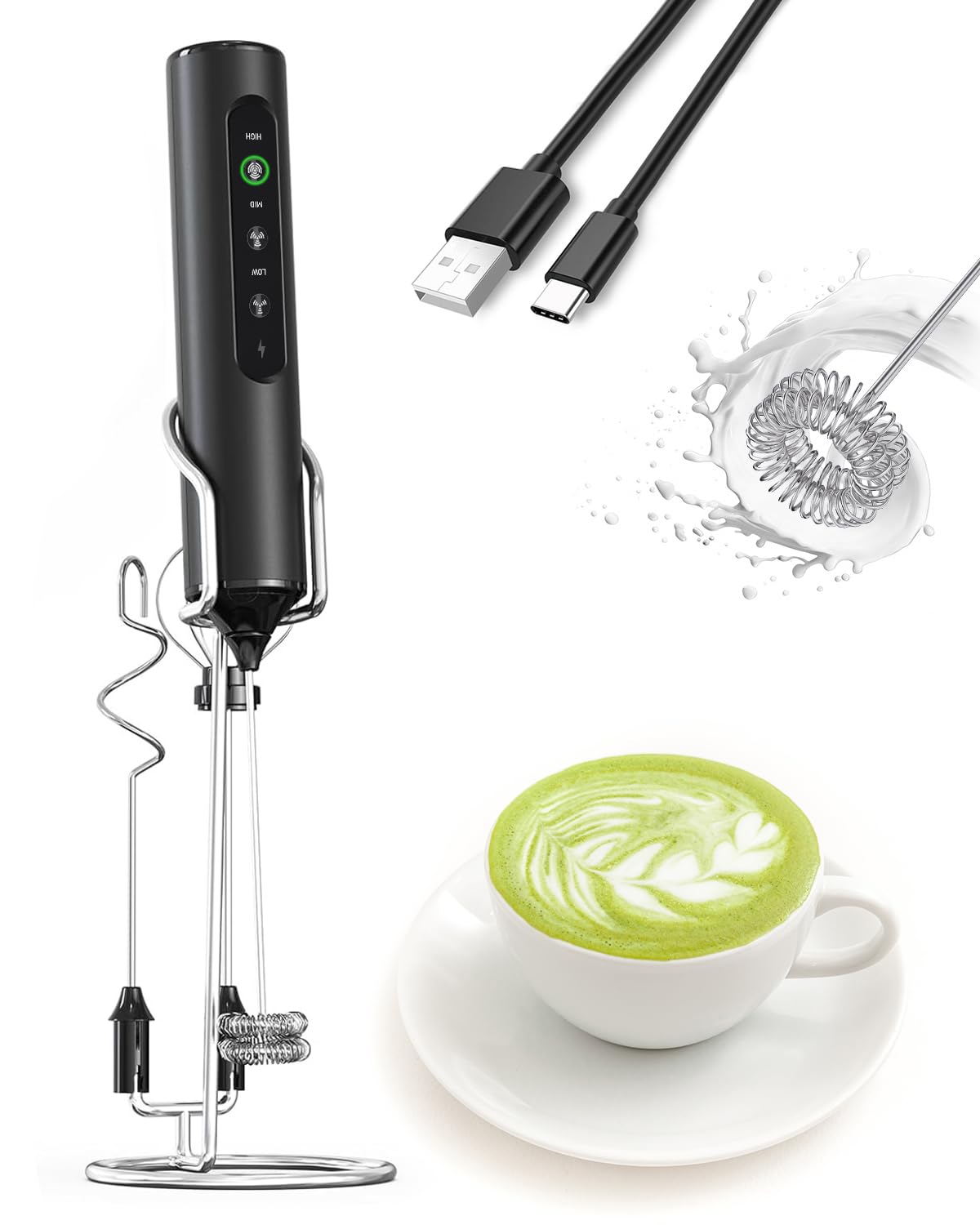 Milk Frother Handheld Battery, Electric Foam Maker Frother Wand, Drink Mixer with Stainless Steel Whisk for Coffee, Matcha, Lattes, Cappuccino Black