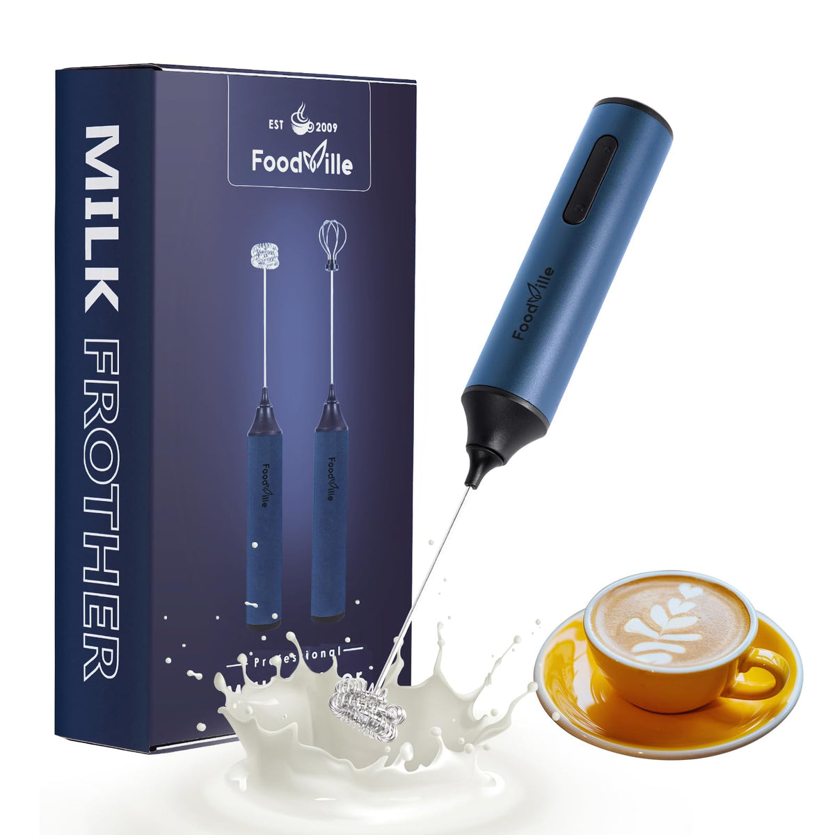 FoodVille MF05 Rechargeable Milk Frother USB Charging Handheld Foam Maker with Stainless Balloon Whisk for Cappuccino, Latte, Bulletproof Coffee, Keto Diet, Protein Powder, Matcha (Black)