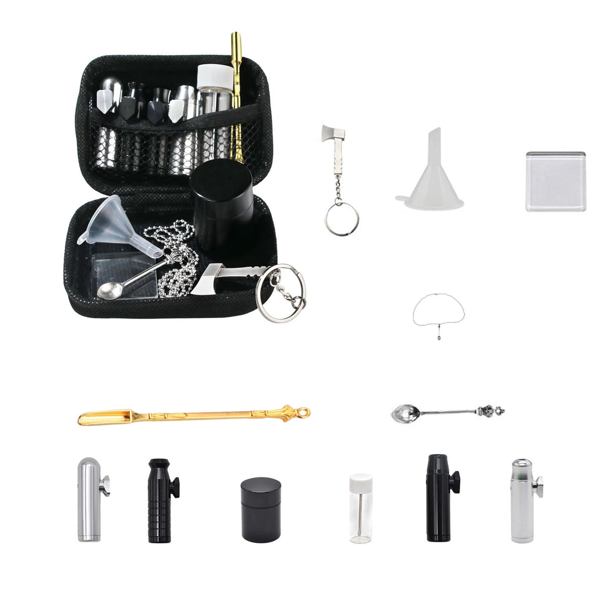 Kitchen Spice Dispenser Set with Pouch – 12Pcs Stainless Steel Spice Jars Airtight, Mini Funnel & Spoon for Camping BBQ Cooking, Space-Saving Seasoning Organizer for Home & Travel (Black)