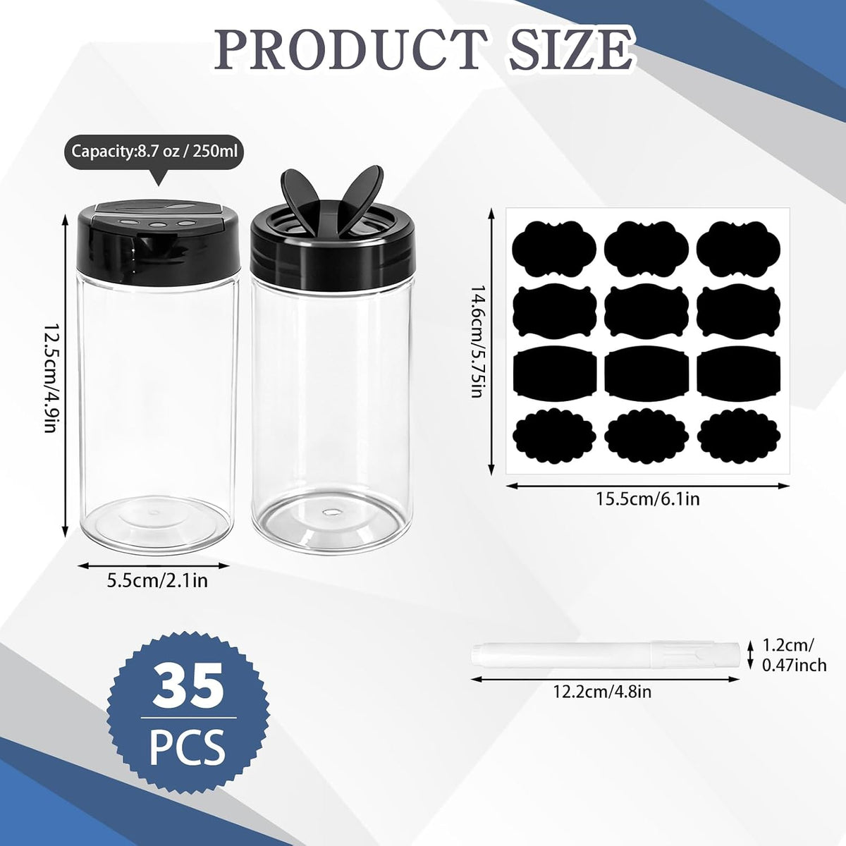 35 Pcs 8.7 oz Plastic Spice Jars with Labels and Pen Clear Kitchen Seasoning Containers with Shaker Lids Spice Powders Bottles Seasoning Store Jars, for Kitchen